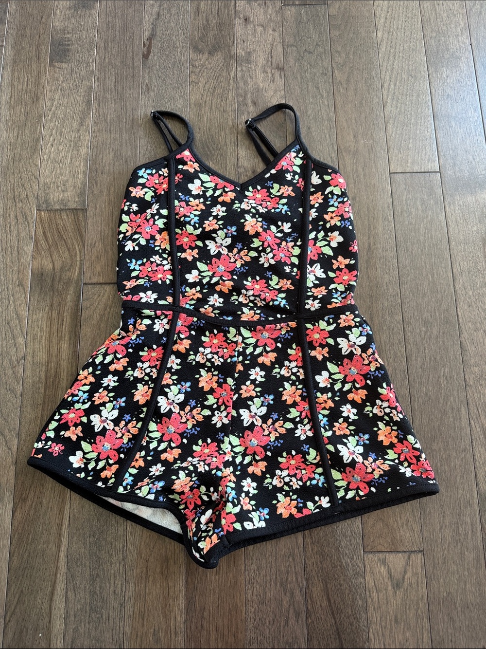 Girls Black Floral Romper with Red & Pink Flowers